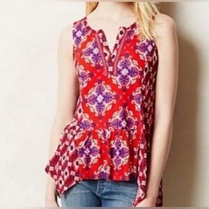 Anthropologie AKEMI + KIN Boho Batik Print Red Split Neck Tank Top XS